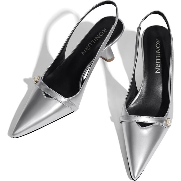 🆕Women Silver Faux Leather Kitten Heels Slingback Pearl Pumps - Picture 4 of 7